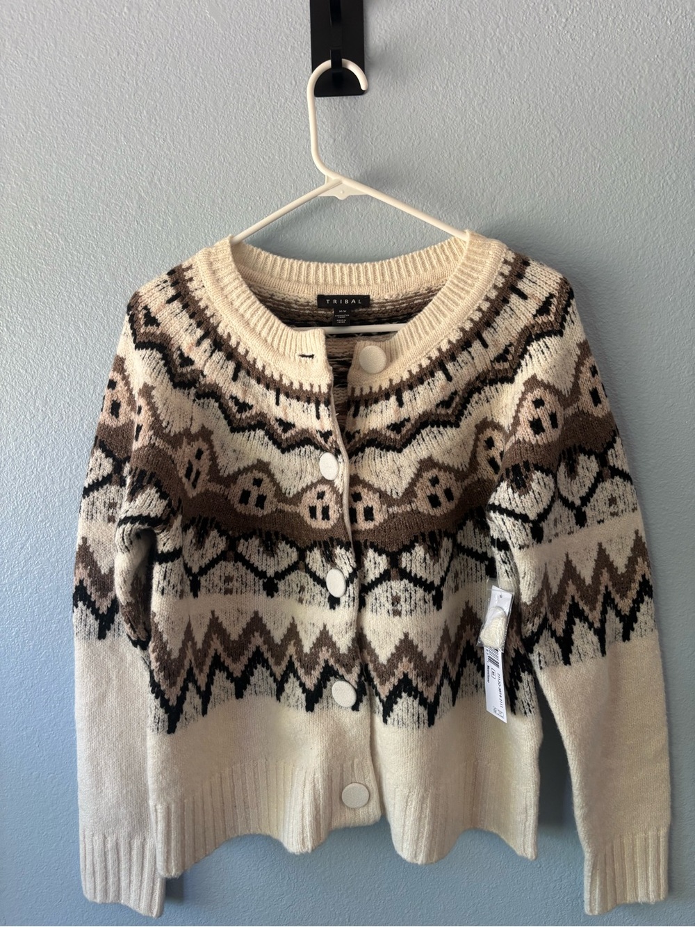 Tribal Cream, Brown and Black Fair Isle Cardigan Sweater
